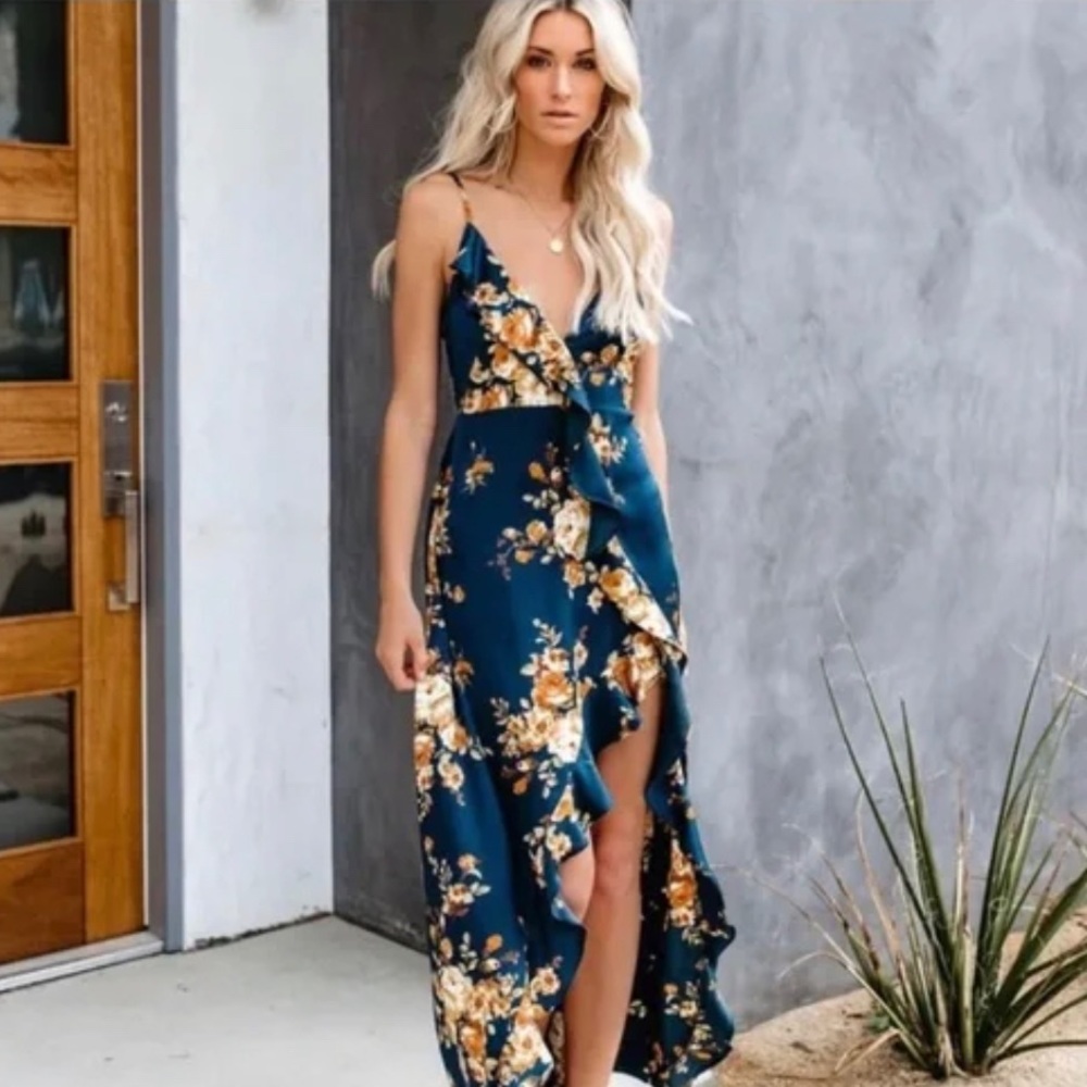 VICI Capricco Satin Floral Ruffle Maxi Dress Navy Floral Wrap Size Large